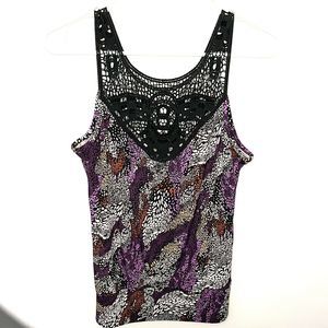 Speechless Womens Tank Top Sleeveless Crochet Purple Black Boho Print Large VGC